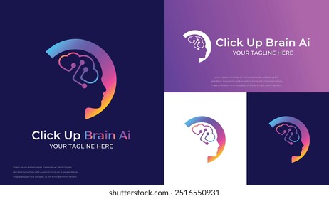 Inteligência Brain Tech AI Logo Design. Clique Up Brain AI Logo, Icon, Symbol, Vetor, Design Template, Artificial intelligence (AI) Logo, Clicar em cima Brain AI Logo, Ícone, Símbolo, Vetor, Modelo de design, Logo de inteligência artificial (AI)