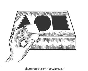 Intelligence test sketch engraving vector illustration. Hand inserts figure into triangle circle square hole. Scratch board style imitation. Black and white hand drawn image.