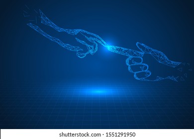 intelligence touch. hand digital technology innovation touch. two hands on abstract background.