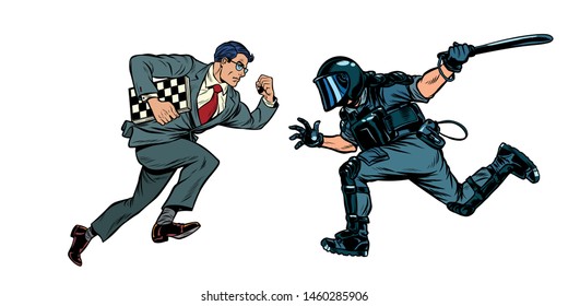 intelligence versus strength. chess player and riot police with a baton. Pop art retro vector illustration drawing