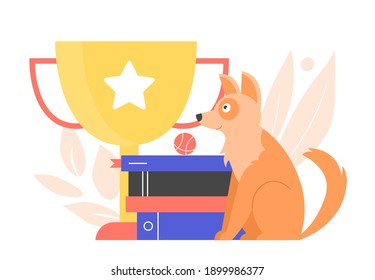 Intelligent activities for animals. Large breed dog. Pet champion. Gold cup and stack of books. Dog show, competition, contest. Vector flat illustration.