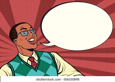 Intelligent African with glasses says comic bubble, pop art retro comic book vector illustration