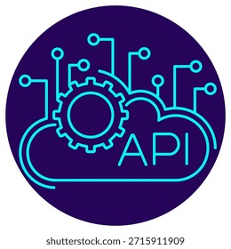 Intelligent API Icon. Minimalistic neon outline on a dark blue round background. A stylish vector illustration of an API key within a cloud, connected to a processing gear and circuit, symbolizing AI-powered web services, cloud computing, and seamless integration of intelligent functions