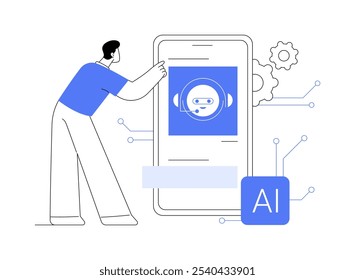 Robôs inteligentes isolaram ilustrações vetoriais de desenhos animados. Engenheiro de computação usando chatbot inteligente para serviços de marketing, inteligência artificial, indústria de IoB, desenhos animados vetoriais de big data.