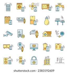 Conjunto de iconos de construcción inteligente. Conjunto de esquemas de iconos vectoriales de construcción inteligentes color de línea delgada plano sobre blanco