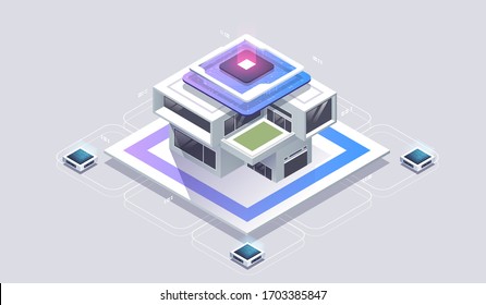 intelligent building isometric vector concept. Smart home. Concept of house technology system with wireless centralized control.