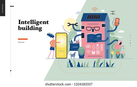 Construcción inteligente, concepto moderno de vector plano ilustración digital Casa inteligente y metáfora de gestión - mujer y construcción para resolver problemas. Plantilla de diseño de página web de inicio creativo