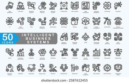 Intelligent Business Systems outline icon set collection. Consist of Data warehouse, Data mart, Predictive analytics, Machine learning, Business process, Collaboration. Simple vector illustration.