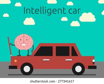 Intelligent car concept. Brain character coming out car's hood. EPS 10 vector illustration, no transparency