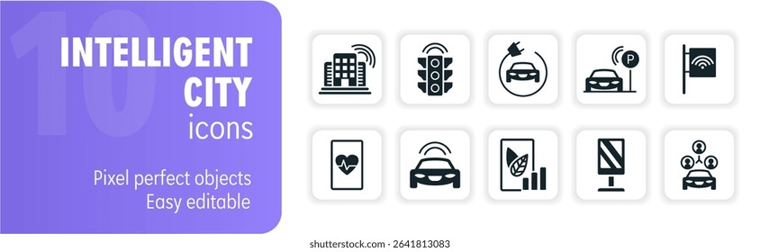 Intelligent city icon set featuring smart building, smart traffic light, electric car charging station, smart parking, and free wifi icons
