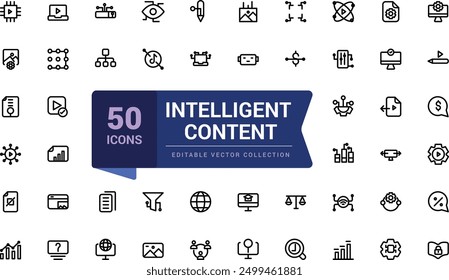 Intelligent content icon set with creativity, evaluating and content. Pixel perfect, minimalistic web and UI icon. Outline icon collections.