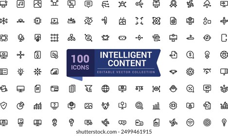 Intelligent content icon set with creativity, evaluating and content. Pixel perfect, minimalistic web and UI icon. Outline icon collections.