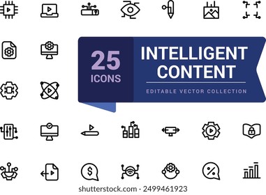 Intelligent content icon set with creativity, evaluating and content. Pixel perfect, minimalistic web and UI icon. Outline icon collections.