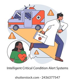 Concepto de sistemas inteligentes de alerta de condiciones críticas. Optimización de la respuesta de emergencia con alertas inteligentes. Mejorar las intervenciones médicas urgentes con tecnología. Asistencia rápida para cuidados críticos