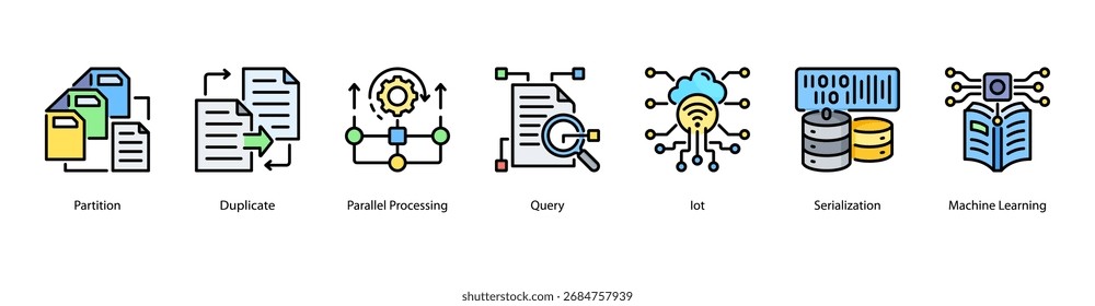 Intelligent Data web banner icon vector illustration featuring Partition, Duplicate, Parallel Processing, Query, IoT, Serialization, and Machine Learning.