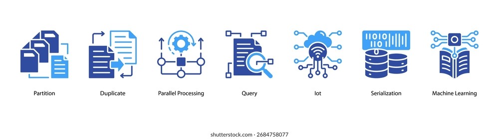 Vektorgrafik des Webbanners für intelligente Daten mit Partitionen, Duplikaten, paralleler Verarbeitung, Abfragen, IoT, Serialisierung und maschinellem Lernen.