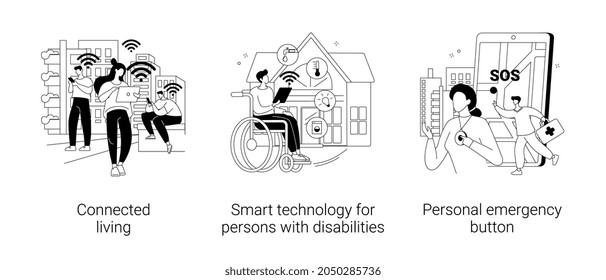 Intelligent devices abstract concept vector illustration set. Connected living, smart technology for persons with disabilities, personal emergency button, IoT technology network abstract metaphor.