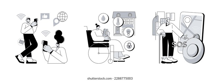 Intelligent devices abstract concept vector illustration set. Connected living, smart technology for persons with disabilities, personal emergency button, IoT technology network abstract metaphor.