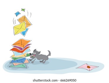 Intelligent dog drags a green envelope from a large stack of incoming messages. Checking and sending email messages