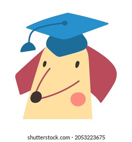 Intelligent dog wearing square academic cap. Vector illustration on white background.