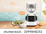 Intelligent electric rice cooker ad. Illustration of a white smart rice cooker with opened lid and steamed foods displayed at home kitchen table