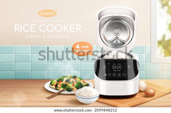 Intelligent electric rice cooker ad. Illustration\
of a white smart rice cooker with opened lid and steamed foods\
displayed at home kitchen\
table