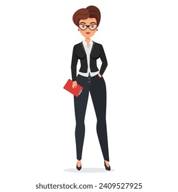 Intelligent elegant business woman with clipboard. Female office manager in suit cartoon vector illustration
