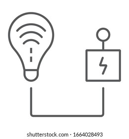 Intelligent energy control thin line icon, technology and solar, light bulb with controller sign, vector graphics, a linear pattern on a white background, eps 10