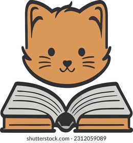 An intelligent and enthusiastic cat reading a book, depicted in a cheerful vector illustration