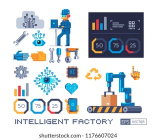 Intelligent factory pixel art icons set, industrial business. Information technology. AI, pie charts. Ux percent download. percentage diagrams Design for app, logo. Isolated vector.