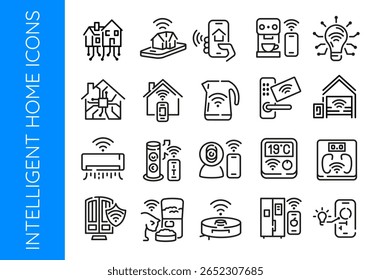 Ícones do Intelligent Home. Conjunto de 20 ícones mínimos da moda do Intelligent Home. Exemplo: Casa Inteligente, Aplicativo Móvel, ícone Bloqueio de Porta. Sinais de design para página da Web, aplicativo móvel, design de embalagem. Ilustração vetorial