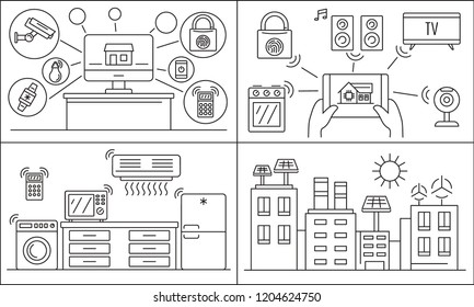 Intelligent house building banner set. Outline set of intelligent house building vector banner for web design
