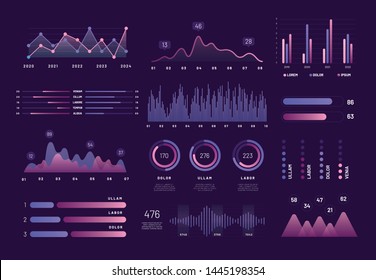 Intelligent infographic technology UI interface. Vector network management data screen with colored charts, diagrams with steps, options, parts processes. Interface template digital illustration