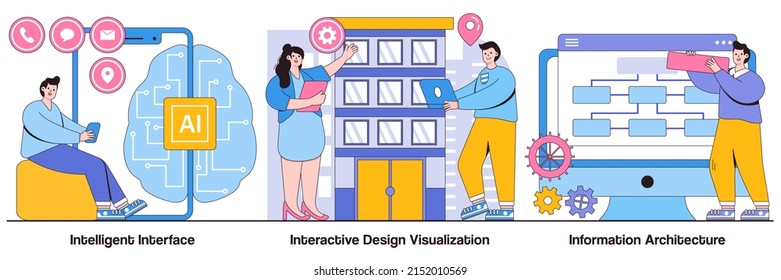Intelligent interface, interactive design visualization, information architecture concepts with people characters. Software development illustrations pack. Usability engineering, web design metaphor.