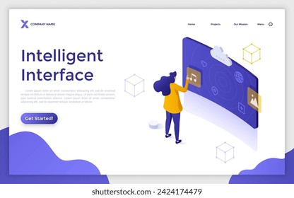 Ilustración vectorial de concepto isométrico de interfaz inteligente. Interfaz interactiva de usuario, ingeniería de usabilidad, diseño de experiencia personalizado, página de inicio de inteligencia artificial