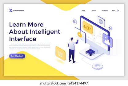 Ilustración vectorial de concepto isométrico de interfaz inteligente. Interfaz interactiva de usuario, ingeniería de usabilidad, diseño de experiencia personalizado, página de inicio de inteligencia artificial