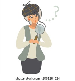 The intelligent lady detective is shocked. Madame in search. Surprised woman wearing a Sherlock Holmes cap looks through a magnifying glass. Isolated vector illustrations. Vintage flat style.