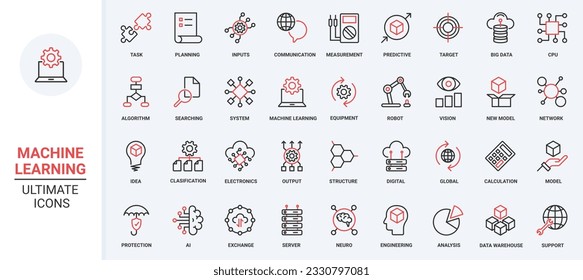 Intelligent machine with neural electronic system, innovation of artificial intelligence digital data support. AI, machine learning science trendy red black thin line icons set vector illustration.