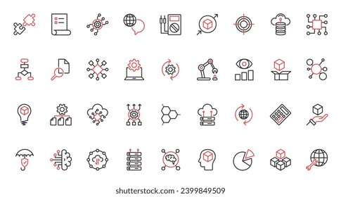 Intelligent machine with neural electronic system, innovation of artificial intelligence digital data support. AI, machine learning science trendy red black thin line icons set vector illustration.