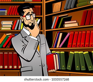 Intelligent man in a business suit in a library, a bookstore.