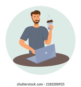 Intelligent man in glasses at work, drinking coffee. Freelance work vector illustration. A person surfing the internet uses a laptop and a cup of coffee or tea to cheer up. Work at home, in the office