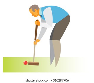 an intelligent man plays croquet and hits the ball with a wooden mallet