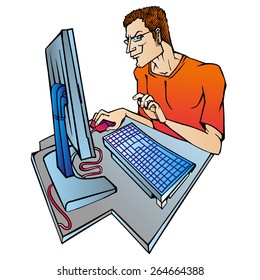 intelligent man sitting at a computer and smiling; RGB EPS 10 vector illustration