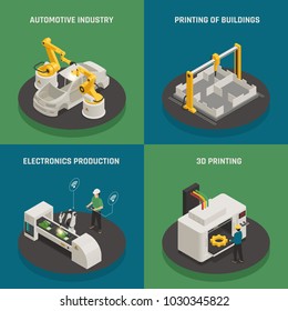 Intelligent manufacturing 4 isometric icons square concept with 3d printing and automated electronics production isolated vector illustration 