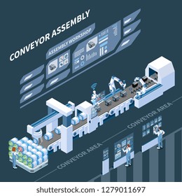 Intelligent manufacturing isometric composition with holographic control panel of assembly conveyor on dark background vector illustration