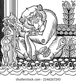 Intelligenter Affe sitzt im Garten. Intelligente Affen in romantischer Stimmung. Vorderseite. Landschaft mit dekorativen Pflanzen und Wasserfall. Grafische Schwarz-Weiß-Vektorgrafik