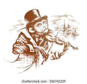 Intelligent monkey in a top hat and plaid coat plays the violin. Vector illustration.