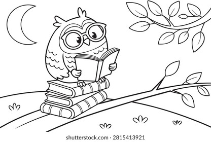 Intelligent owl with spectacles reading. Bird on books near moon and tree branch. Nighttime learning concept. Cute illustration for education and wisdom.