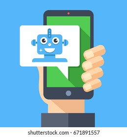 Intelligent personal assistant, virtual assistant, chat bot, chatbot concept. Hand holding smartphone with speech bubble and robot. Modern long shadow flat design graphic elements. Vector illustration