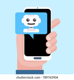 Intelligent personal assistant, virtual assistant, chat bot, chatbot concept. Hand holding smartphone with speech bubble and robot. Modern long shadow flat design graphic elements. Vector illustration